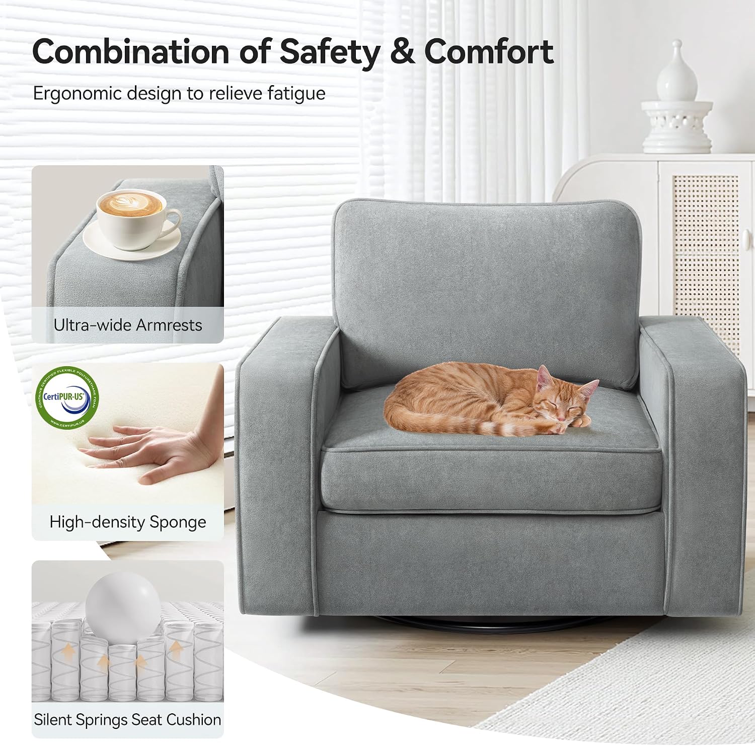 36.2" Wide Swivel Accent Chair - 360° Rotation Upholstered Modern Design Comfortable Cushioned Seating, Pillowback Glider Rocking Chair for Living Room, Bedroom, Nursery and Reading Nook, Gray