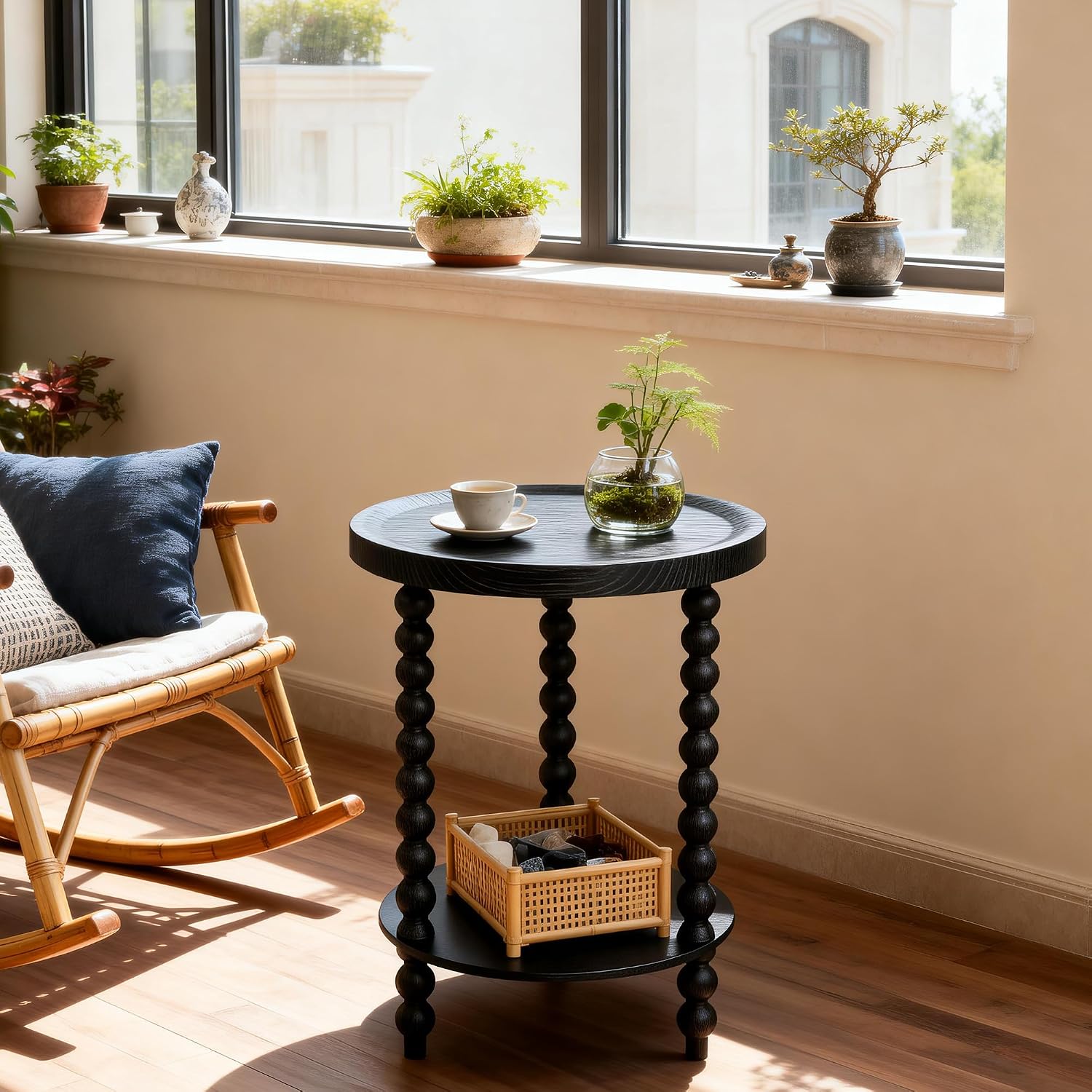 Round 2 Tier Side Table, End Table with Storage Shelf, Modern Nightstand Beside Table for Living Room, Bedroom, (Black, Normal, Wood)