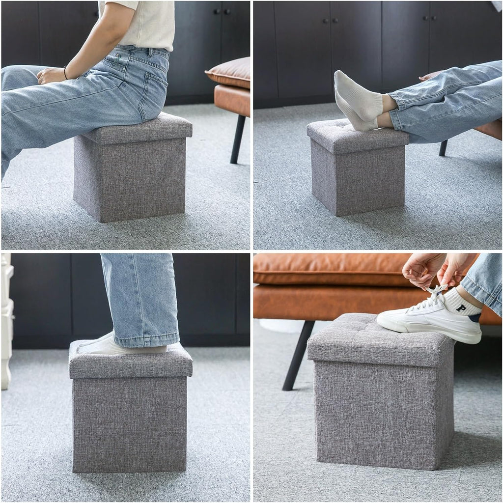 Oak & Tea Multipurpose Brown Grey Stool - Foldable Stool / Footstool with Hidden Storage Box Ideal for Bedroom & Living Room