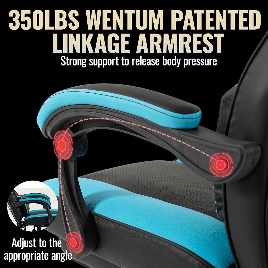 Massage Gaming Chair, Big and Tall Computer Game Chair with Lumbar Support & Footrest, Breathable PU Leather Gamer Office Desk Chair with Adjustable Height and 360° Swivel Wide Seat, Blue