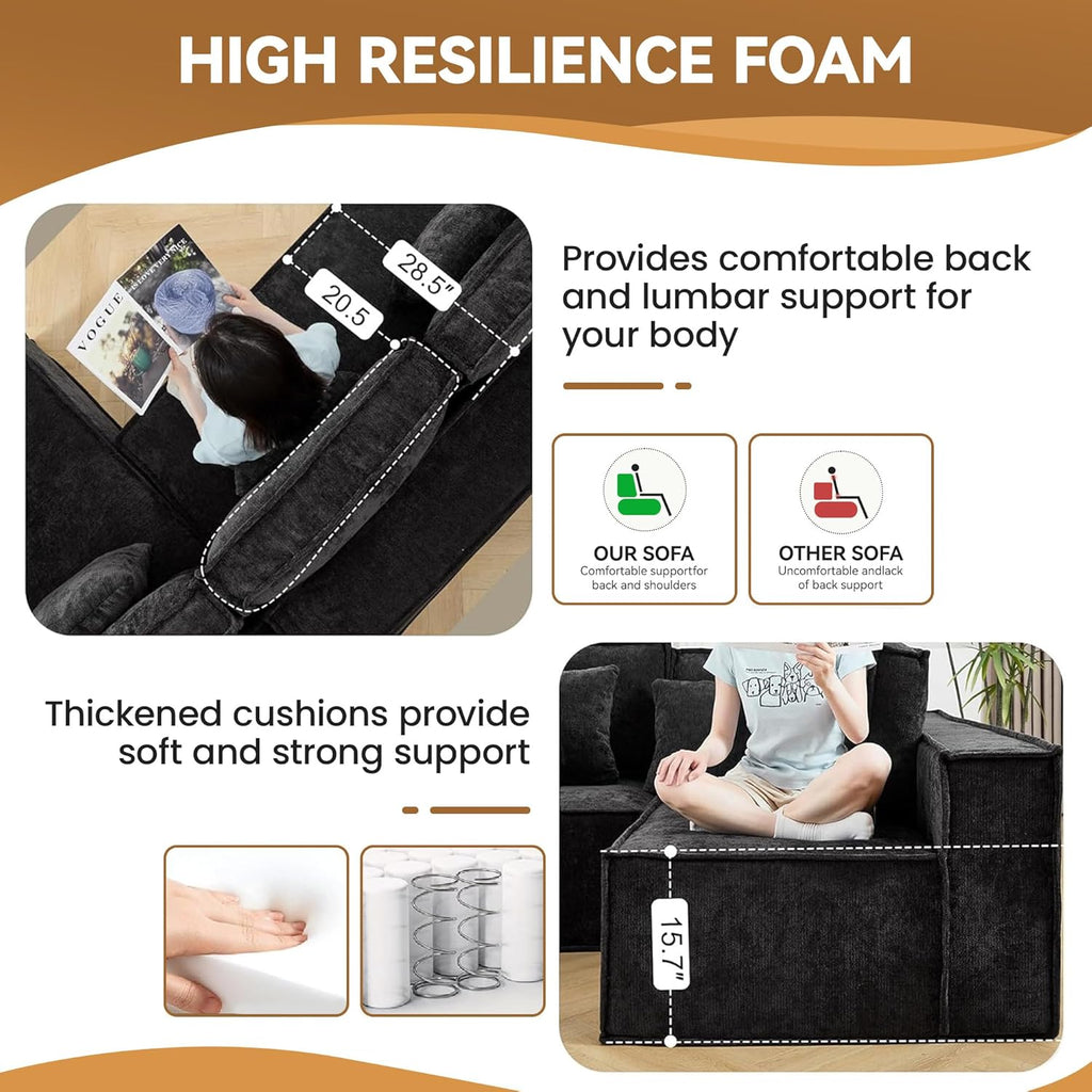 167'' Boneless Chenille U Shaped Couch, Oversized Modular Sectional 8 Seater Sofa, Modern Deep Seat Corner Cloud Compressed Couch, No Assembly Sleeper Sofa with Chaise for Living Room, Black