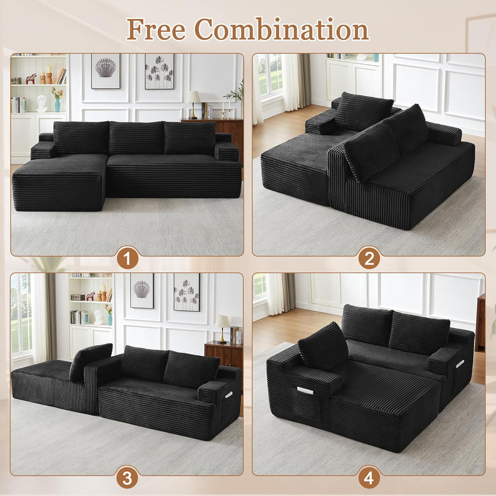 96" L Shaped Cloud Sectional Couch with Chaise, Deep Seat Modular Sectional Sofa Corduroy Memory Foam Sofa Boneless Couches for Living Room Bedroom, No Assembly Required | Breathable material