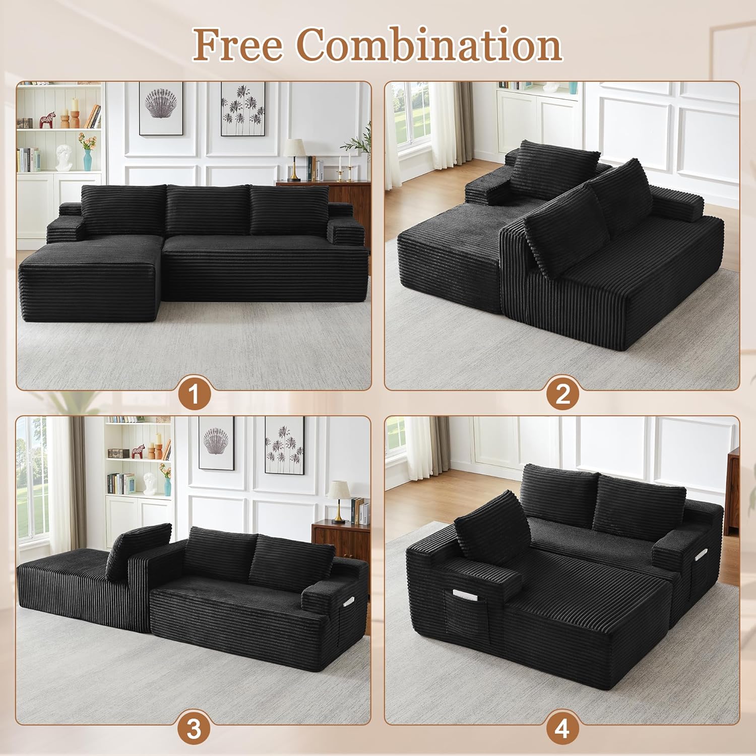 96" L Shaped Cloud Sectional Couch with Chaise, Deep Seat Modular Sectional Sofa Corduroy Memory Foam Sofa Boneless Couches for Living Room Bedroom, No Assembly Required | Breathable material