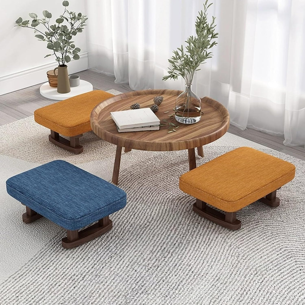 7-Inch High Stool, Small Linen Footstool, Solid Wood Frame, Entryway Shoe Bench, with Padded Footrest, Suitable for Living Room, Entryway, and Bedroom Natural Legs Blue