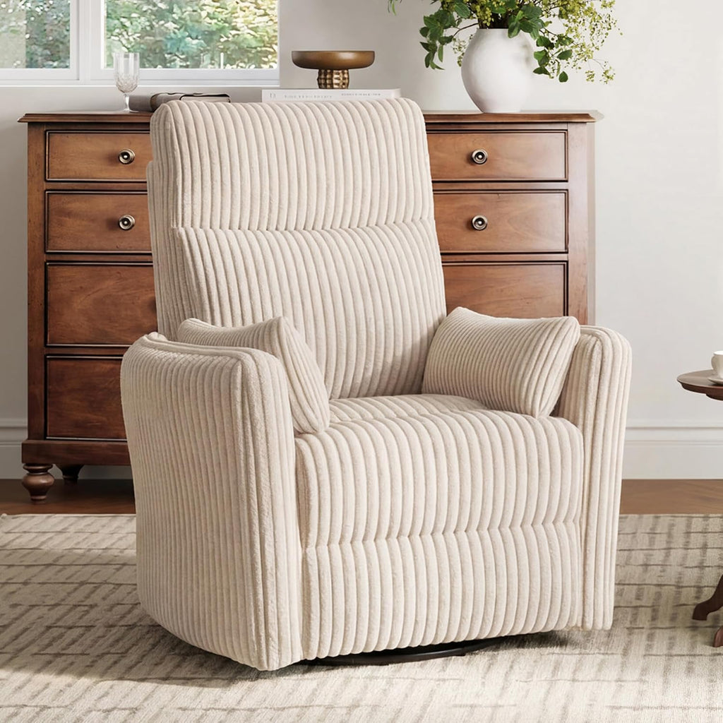 LINSY 220° Swivel Electric Power Recliner Chair, Corduroy Nursing Rocker with USB & Type-C, High Back Adult Comfort Chair with 2 Pillows, Space-Saving for Nursery, Bedroom, Living Room（Beige）