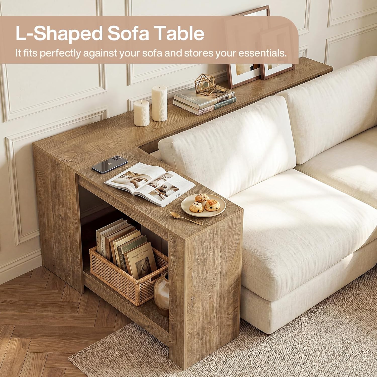 Tribesigns L-Shaped Console Table, 63" Sofa Table Behind Couch with 2-Tier Storage Shelves, Narrow Entryway Table, Couch Table for Living Room, Hallway, Foyer, Bedroom, Brown