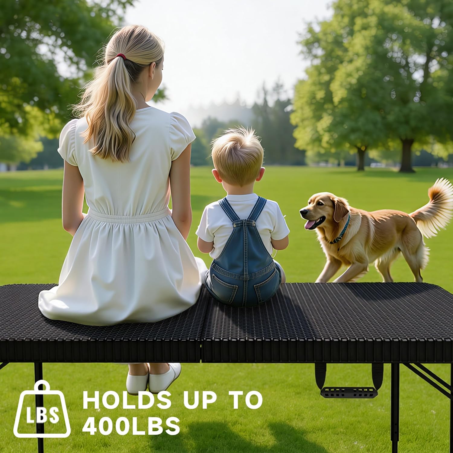 Folding Table 4 Foot, 3-Position Adjustable Height, Heavy Duty 440LBS Capacity, HDPE Wicker Pattern, Portable Tables Folding for Camping, Party, Indoor & Outdoor Use, 1 Pack.