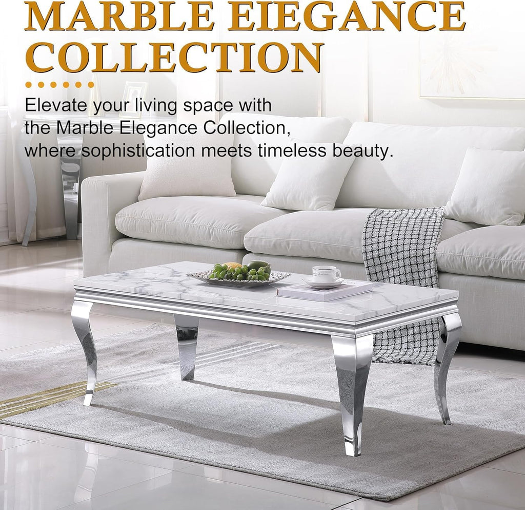 Luxury Modern Faux Marble Coffee Table Set of 3 – White MDF Marble Top with Silver Stainless Steel Base, Includes 1 Coffee Table & 2 End Tables for Living Room