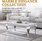 Luxury Modern Faux Marble Coffee Table Set of 3 – White MDF Marble Top with Silver Stainless Steel Base, Includes 1 Coffee Table & 2 End Tables for Living Room