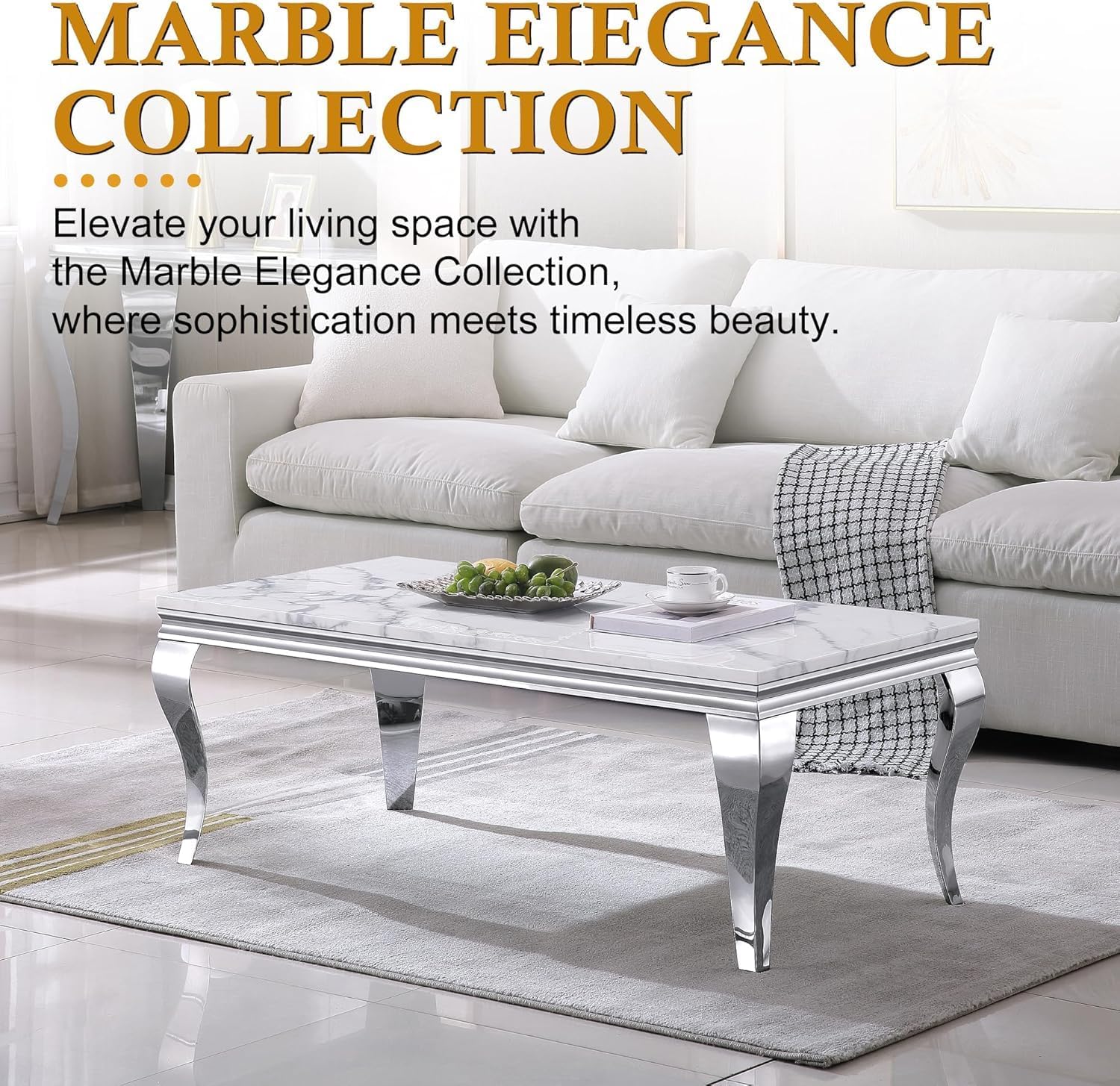 Luxury Modern Faux Marble Coffee Table Set of 3 – White MDF Marble Top with Silver Stainless Steel Base, Includes 1 Coffee Table & 2 End Tables for Living Room