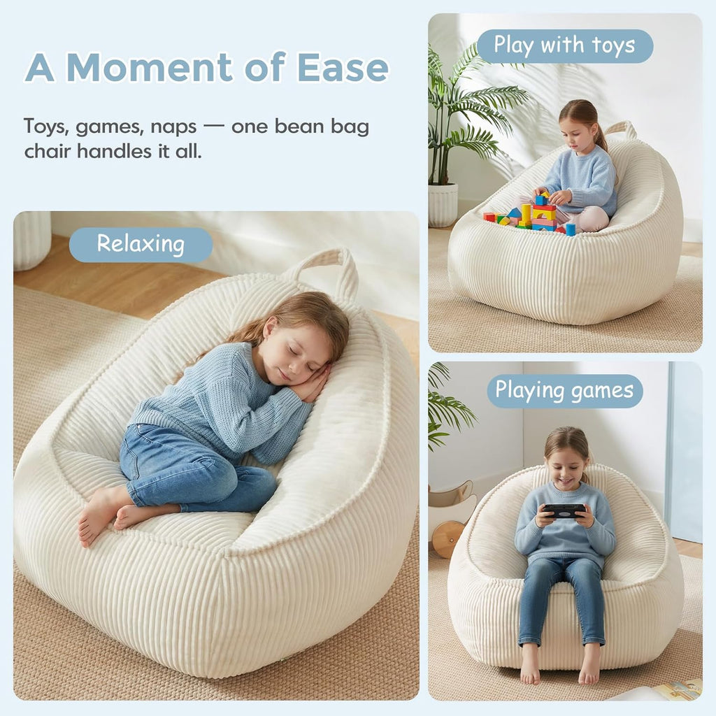 HUGHEAVEN Bean Bag Chairs for Kids, Toddler Bean Bag Chair, Comfy Cozy Reading Chair & Stuffed Toddler Floor Sofa, Soft Beanbag Chairs for Boys and Girls, Lazy Floor Seat for Gaming and Reading, Beige