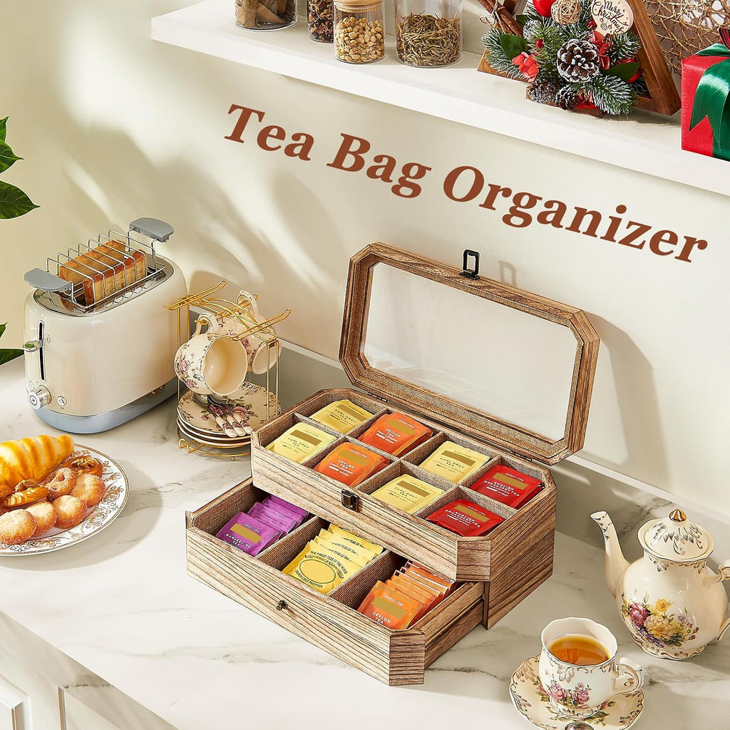 Tea Bag Organizer, Solid Wood 2 Layer Tea Box Organizer Storage, Christmas Gift Tea Bag Holder with Drawer Acrylic Window, Tea Organizer Caddy