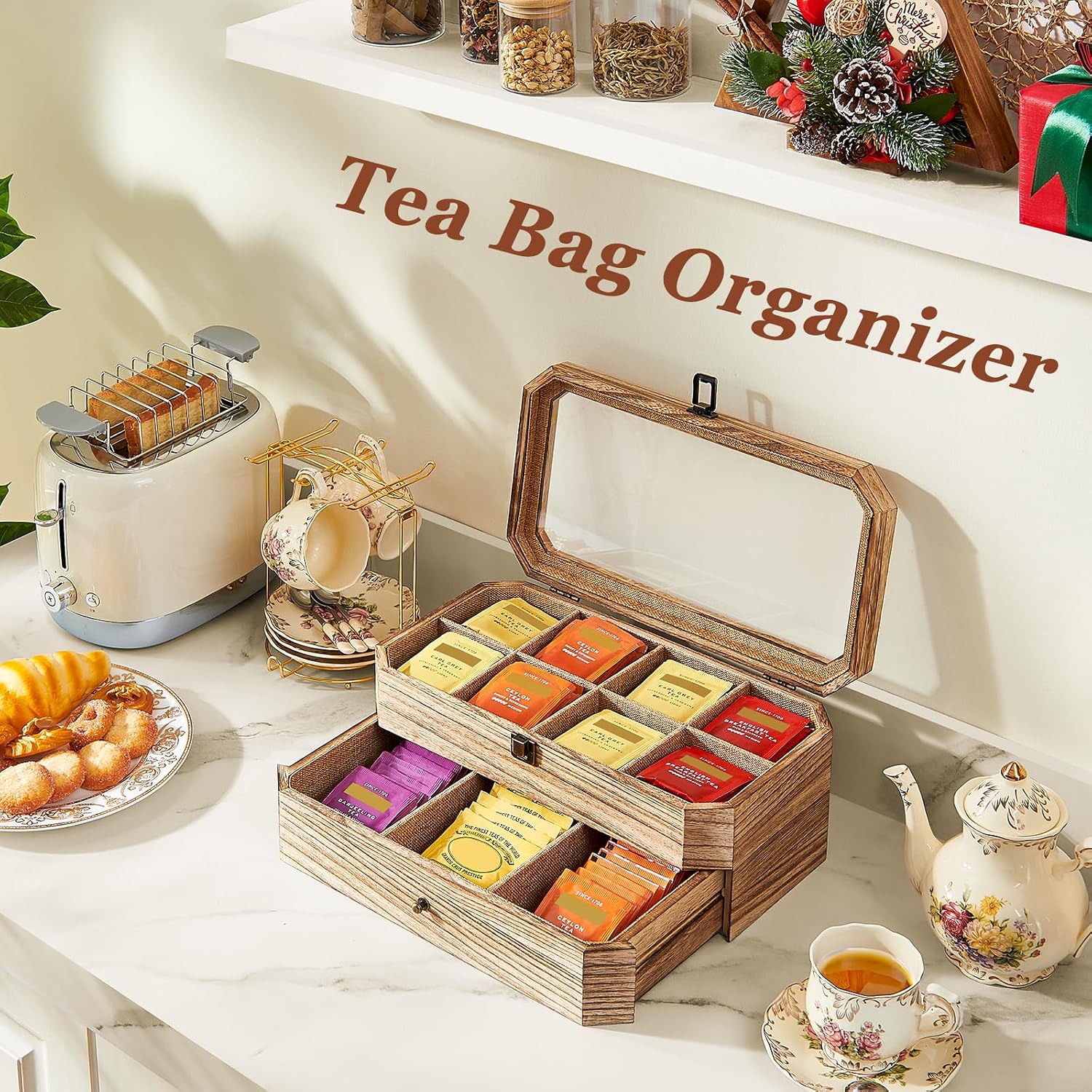 Tea Bag Organizer, Solid Wood 2 Layer Tea Box Organizer Storage, Christmas Gift Tea Bag Holder with Drawer Acrylic Window, Tea Organizer Caddy