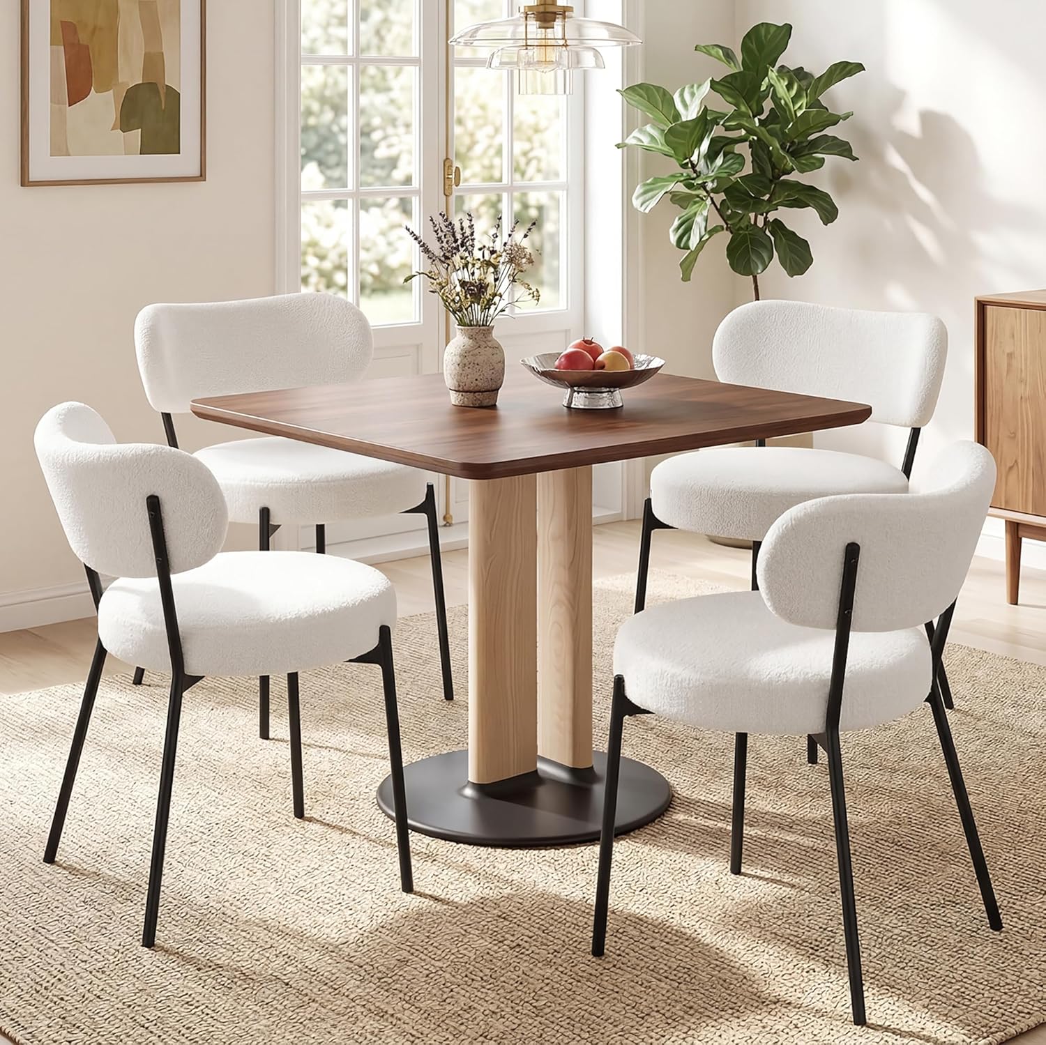 VECELO Dining Chairs Set of 4, Modern Mid Century Upholstered Kitchen Chairs with Curved Backrest and Black Metal Legs, for Kitchen, Dining Room, Living Room, White