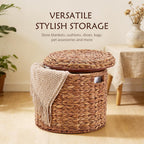 17" Round Storage Ottoman with Lid Handwoven Water Hyacinth Accent Side Table, Storage Container, Footstool for Living Room, Bedroom, Cloakroom, Home Office