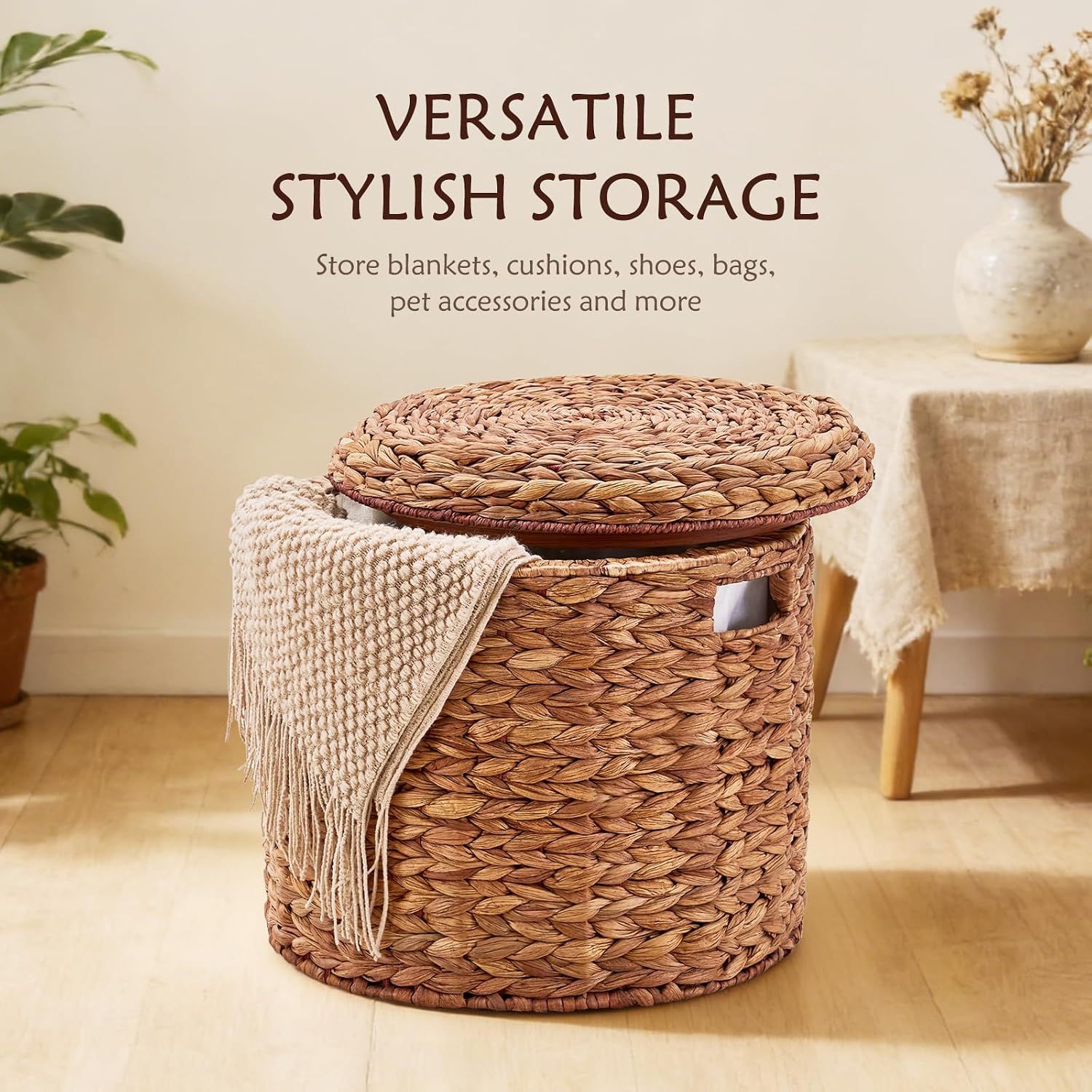 17" Round Storage Ottoman with Lid Handwoven Water Hyacinth Accent Side Table, Storage Container, Footstool for Living Room, Bedroom, Cloakroom, Home Office