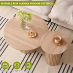 Round Nesting Coffee Table Set of 2, Modern Fluted Wood Side Tables for Small Spaces, Living Room, Bedroom, Balcony, or Office(Natural)