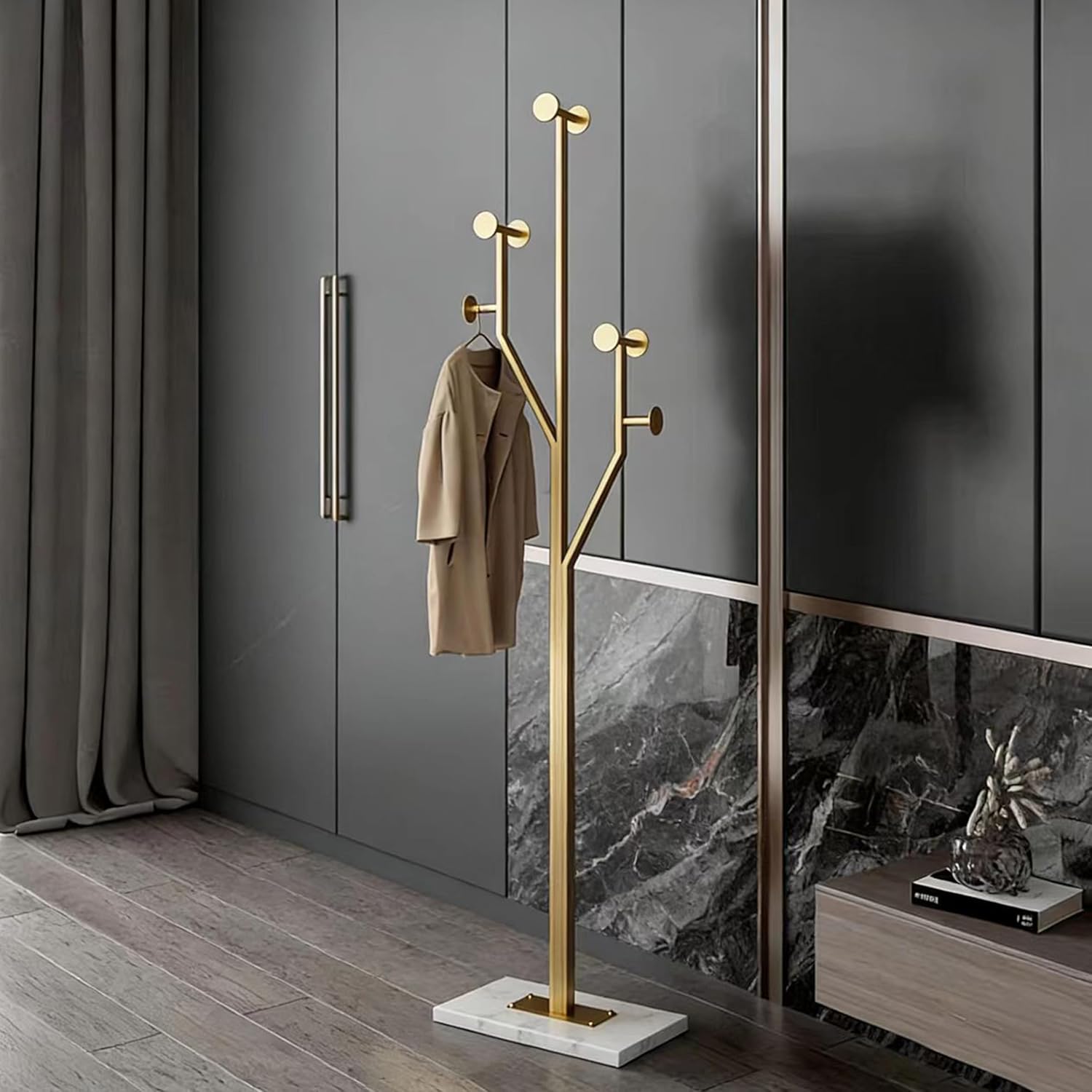 SYO Gold Metal Coat Rack (with Marble Base) — Entryway Standing Coat Stand, Heavy-Duty Vertical Design, Suitable for Entryways, Bedrooms, and Living Rooms