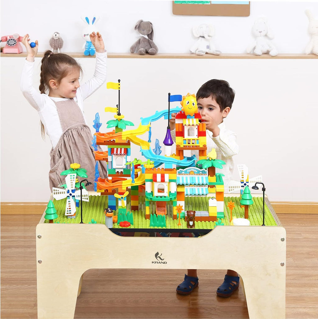 Kid's Multi-Purpose Activity Play Table with 60 Big Building Bricks and 30-Piece Wooden Train Set for Toddlers(Big-peg Baseplate Version)