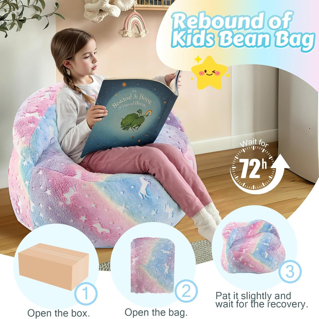 COMAX Bean Bag Chair for Kids, Unicorn Convertible Toddler Beanbag Bed, Children Bean Chair Stuffed to Floor Mattress with Filler, Colorful Rainbow