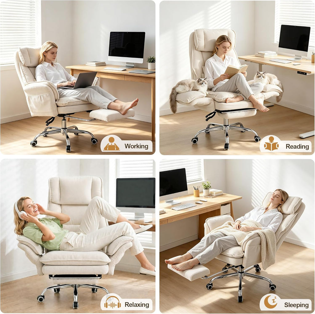 Office Chair with Flip Armrests & Foot Rest,Criss Cross Legged Home Office Desk Chair with Pet Seat,Ergonomic Reclining Computer Gaming Chair,High Back Executive Chair with Lumbar Pillow(White)
