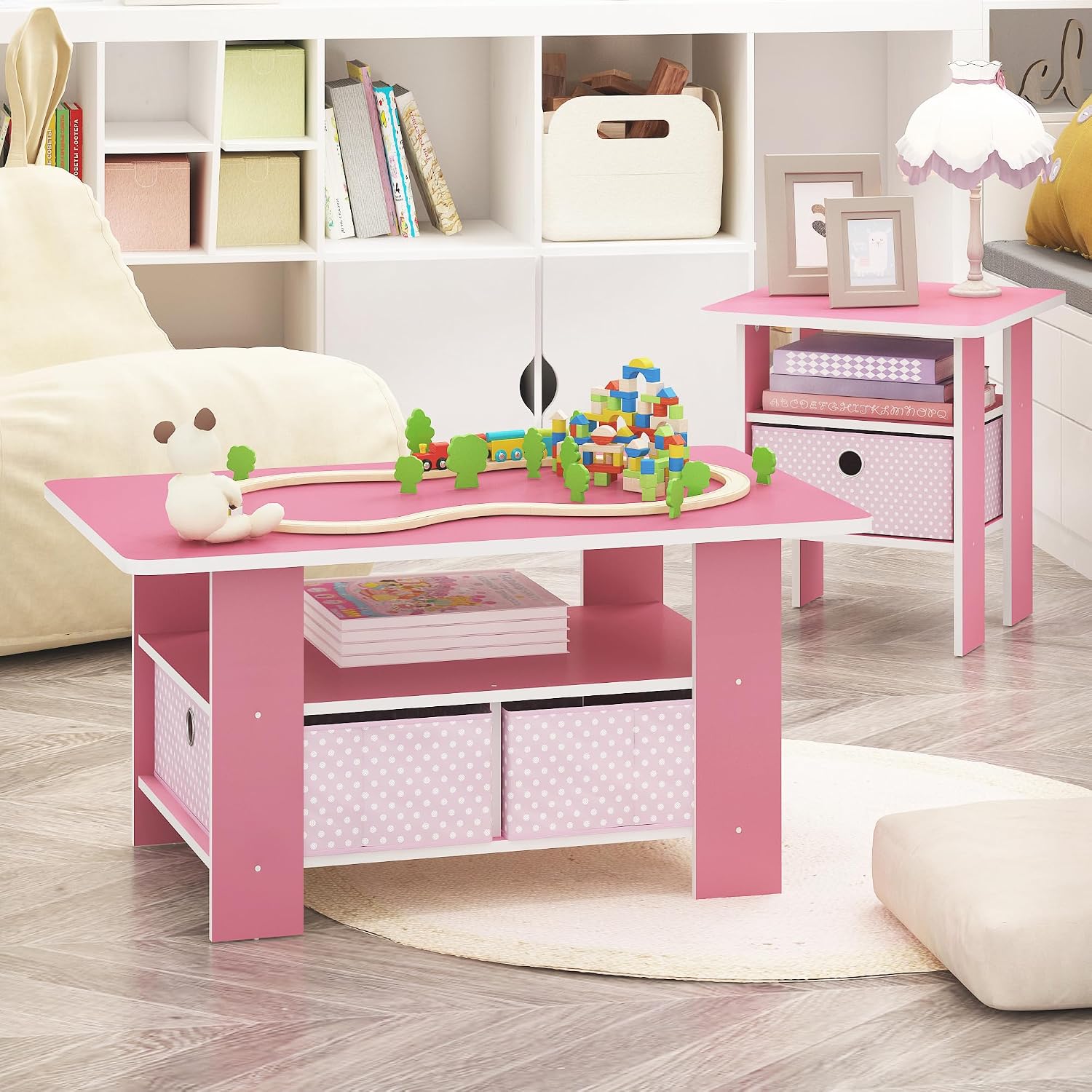 Furinno Andrey Side Table with Bin Drawer, Pink End Table with Open Shelves, Night Stand, Bedside Table, for Living Room, Bedroom, Pink