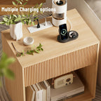 Fluted Nightstands Set of 2, Night Stand with Charging Station, Modern Bed Side Table with Drawer and Storage Shelf, Wood Mid Century End Table for Bedroom Living Room (Oak)