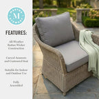 Martha Stewart Lily Pond Indoor-Outdoor Weathered Gray Rattan Wicker Patio Club Chair with All-Weather Gray Back and Seat Cushions, 300 Lb. Static Weight Capacity