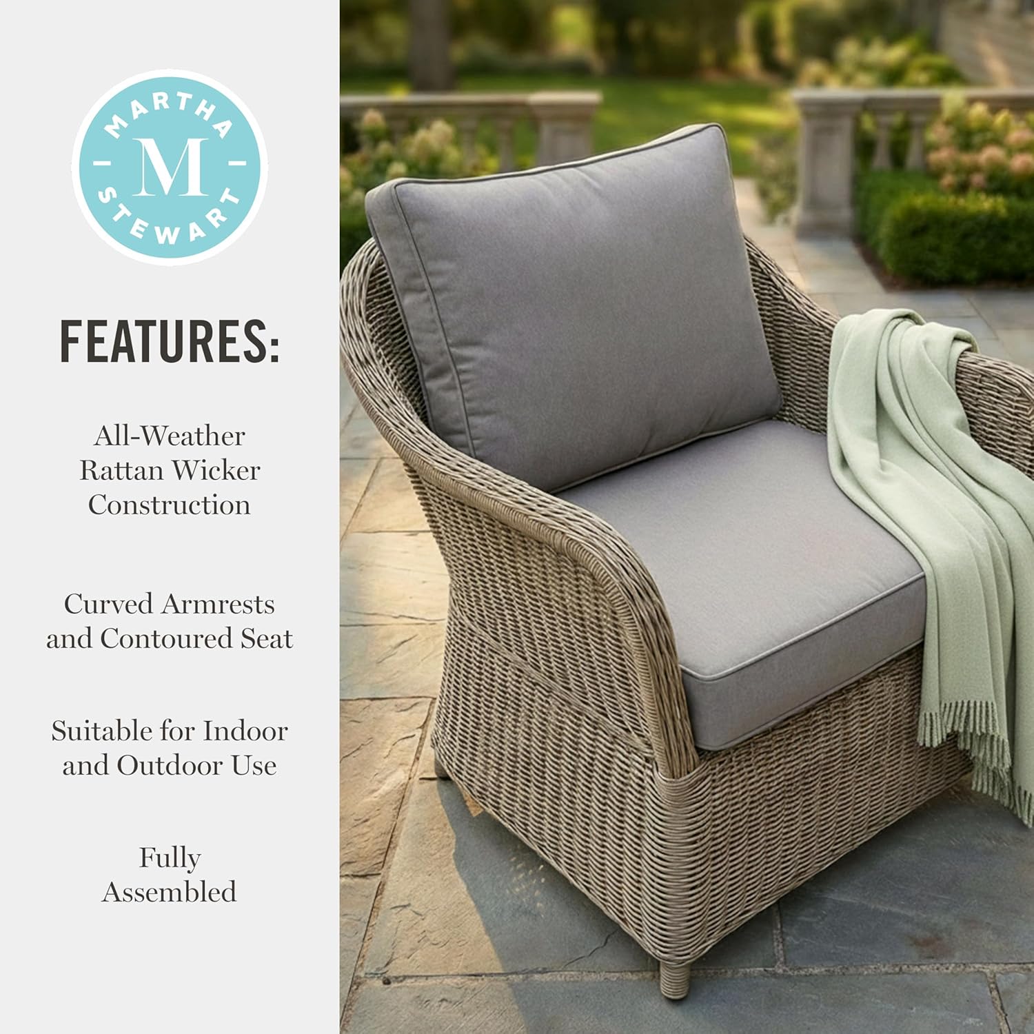 Martha Stewart Lily Pond Indoor-Outdoor Weathered Gray Rattan Wicker Patio Club Chair with All-Weather Gray Back and Seat Cushions, 300 Lb. Static Weight Capacity