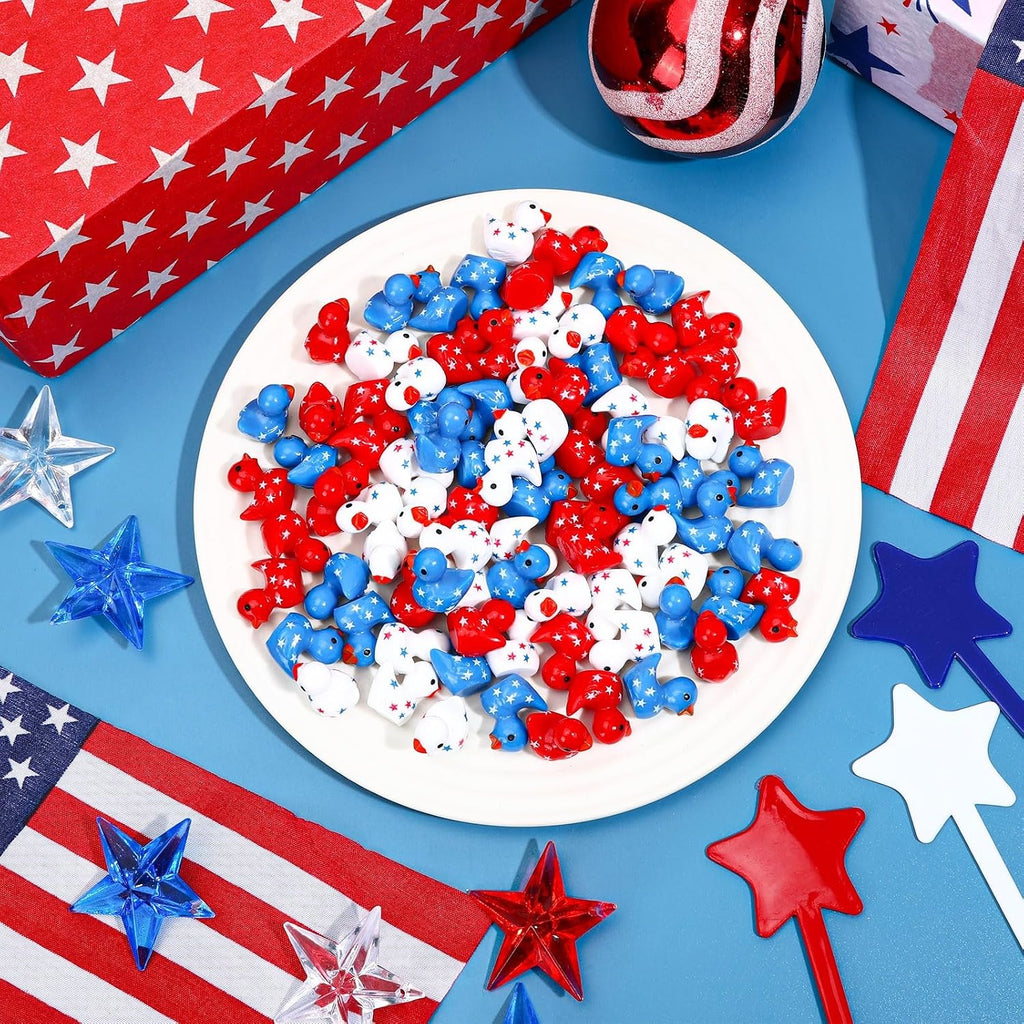 JUNEBRUSHS 120 Pcs Patriotic Ducks Mini Resin Ducks Figures 4th of July Decor Red White Blue Mini Resin Ducks for 4th of July Vase Filler Gifts Tabletop Micro Landscape Party Home Decorations