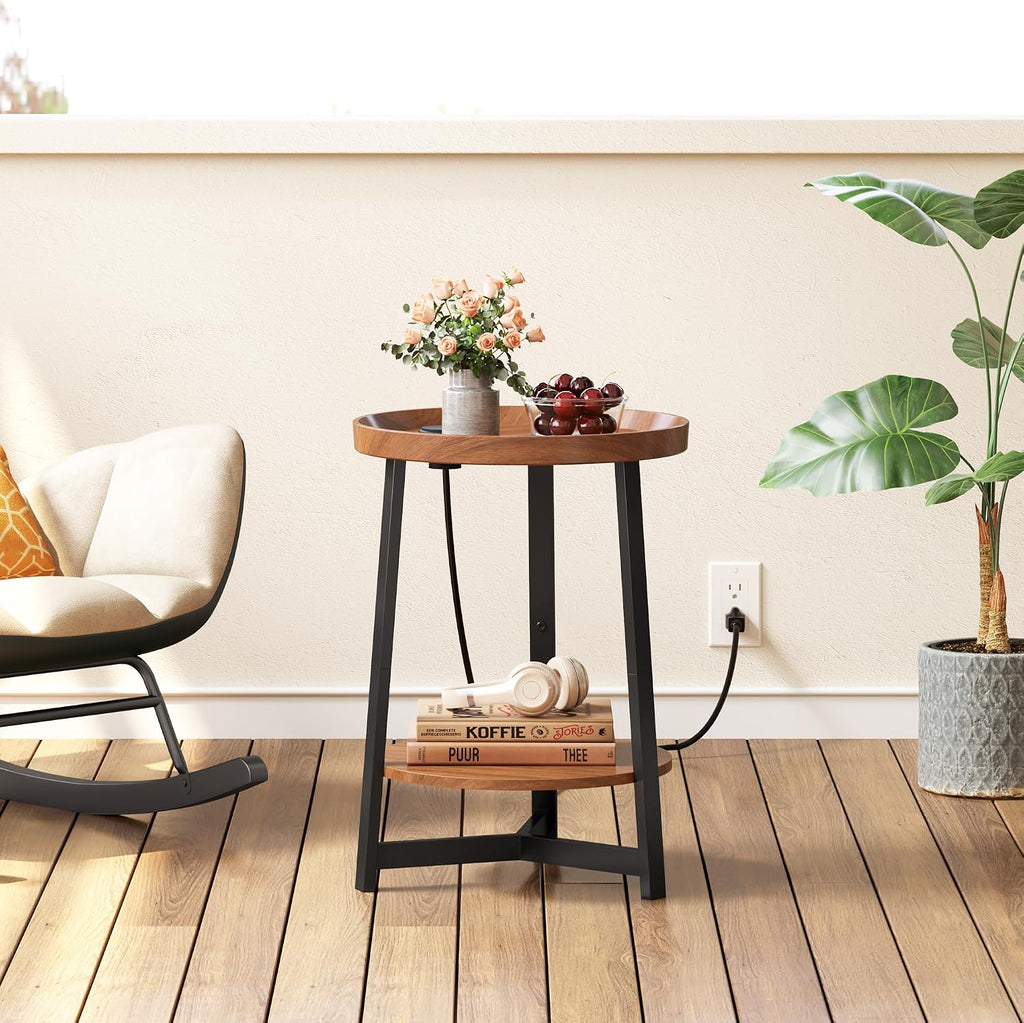 2-Tier Round End Table with Charging Station and Industrial Sofa Side Table,Raised Tabletop with Triangular Metal Frame for Small Spaces, Living Room, Bedroom,Cherry