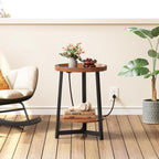 2-Tier Round End Table with Charging Station and Industrial Sofa Side Table,Raised Tabletop with Triangular Metal Frame for Small Spaces, Living Room, Bedroom,Cherry