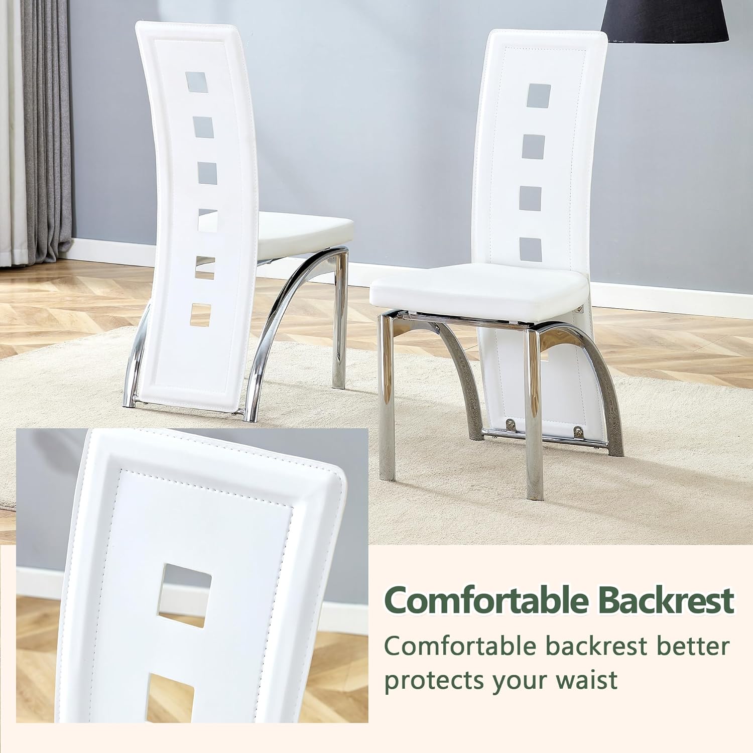 White Dining Chairs Set of 4, Upholstered Kitchen Chairs Set of 4 | Faux Leather Cushion and Metal Legs, Modern Dining Room Chair for Restaurant Kitchen