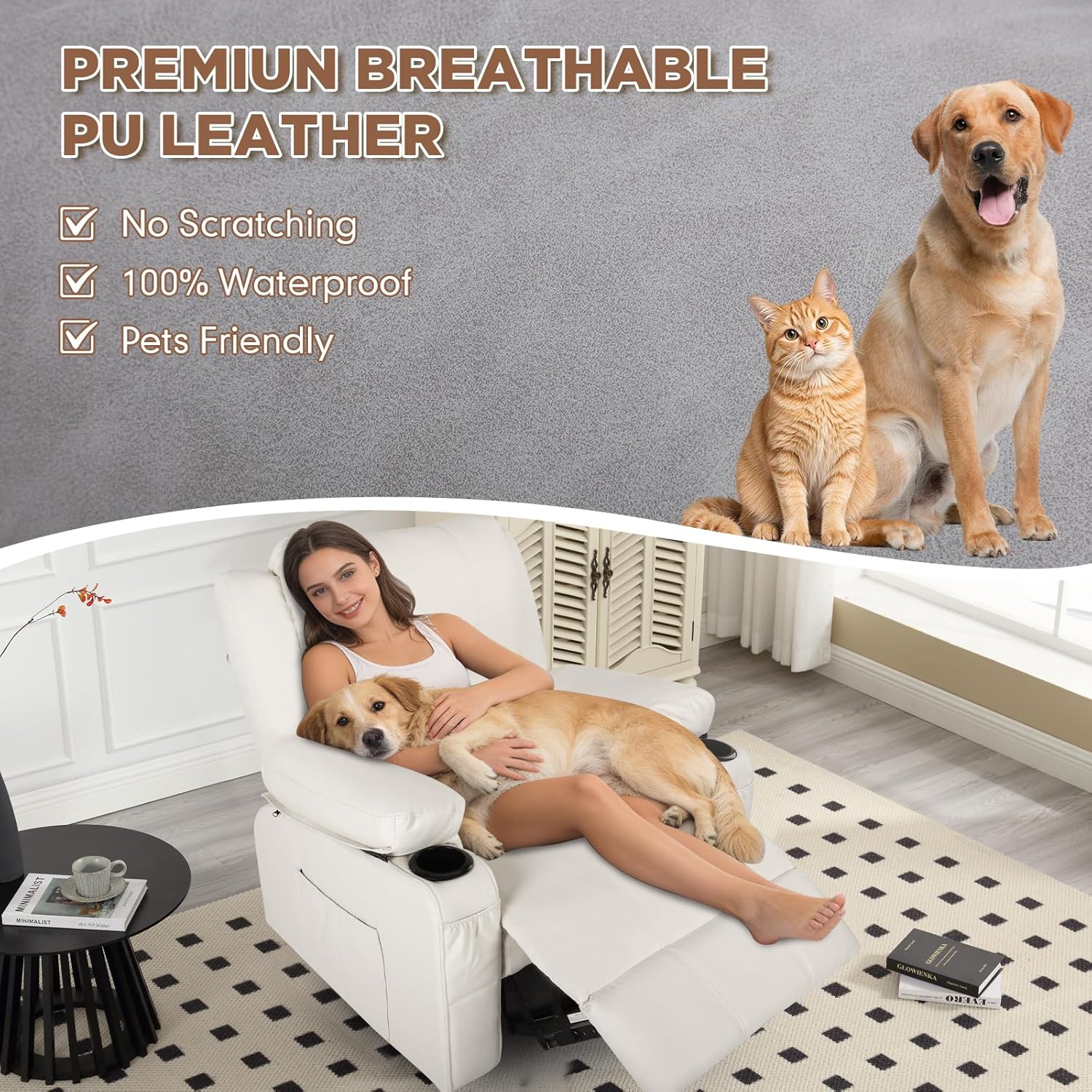 Faux Leather Rocker Recliner with Heat and Massage Cup Holders, Overstuffed Rocking Recliner Swivel Glider Chair for Nursery Heated Massaging Reclining Chair, Cream White