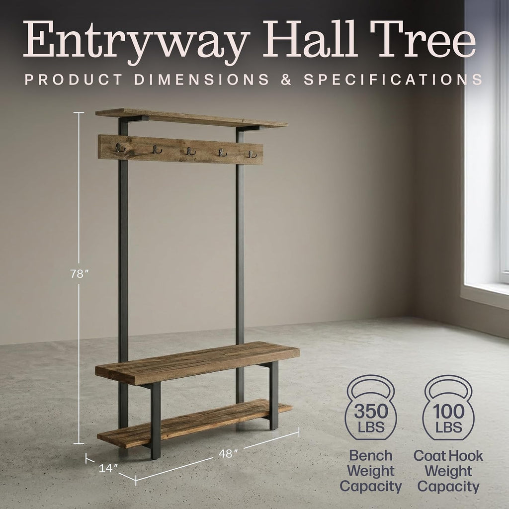 Alaterre Furniture Pomona Entryway Hall Tree – Modern Farmhouse 48-Inch Solid Wood Hall Tree with Bench, Shelves & Metal Coat Hooks – Mudroom & Foyer Storage for Jackets, Bags & Shoes (Rustic Brown)
