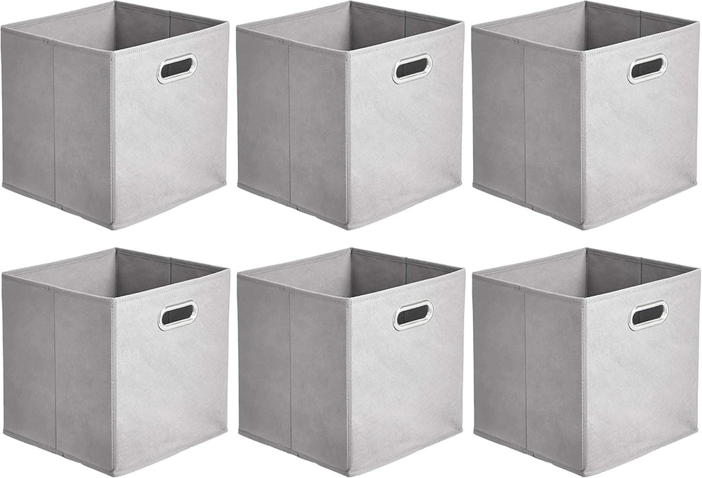 Amazon Basics Collapsible Cube Storage Bins, Space-Saving, Organizing Fabric Bins with Handles, 10.5 x 10.5 x 11 inches, Light Grey, 6-Pack