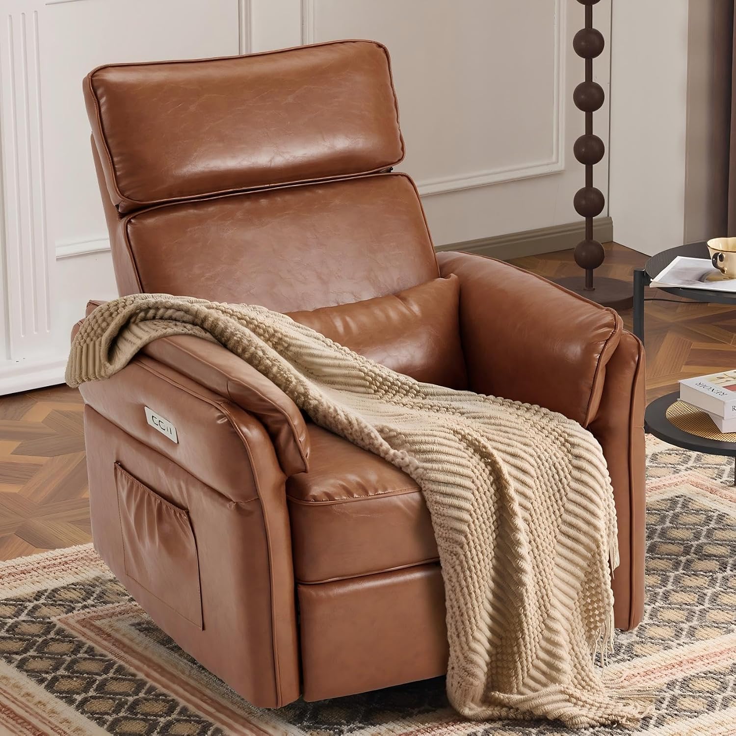 MELLCOM Power Recliner Rocking Chair with Adjustable Arms and Headrest, Swivel Electric Glider Reclining Nursing Chair Nursery Gliders with USB Port and Storage Bags, FSC Certified(Leather, Brown)