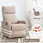 Rocker Recliner Chair for Adults, Swivel Rocker Recliner with Massage and Heat, Adjustable Glider Recliner Nursery Chair with Black Metal Base, Small Recliners for Small Spaces, Living Room (Khaki)