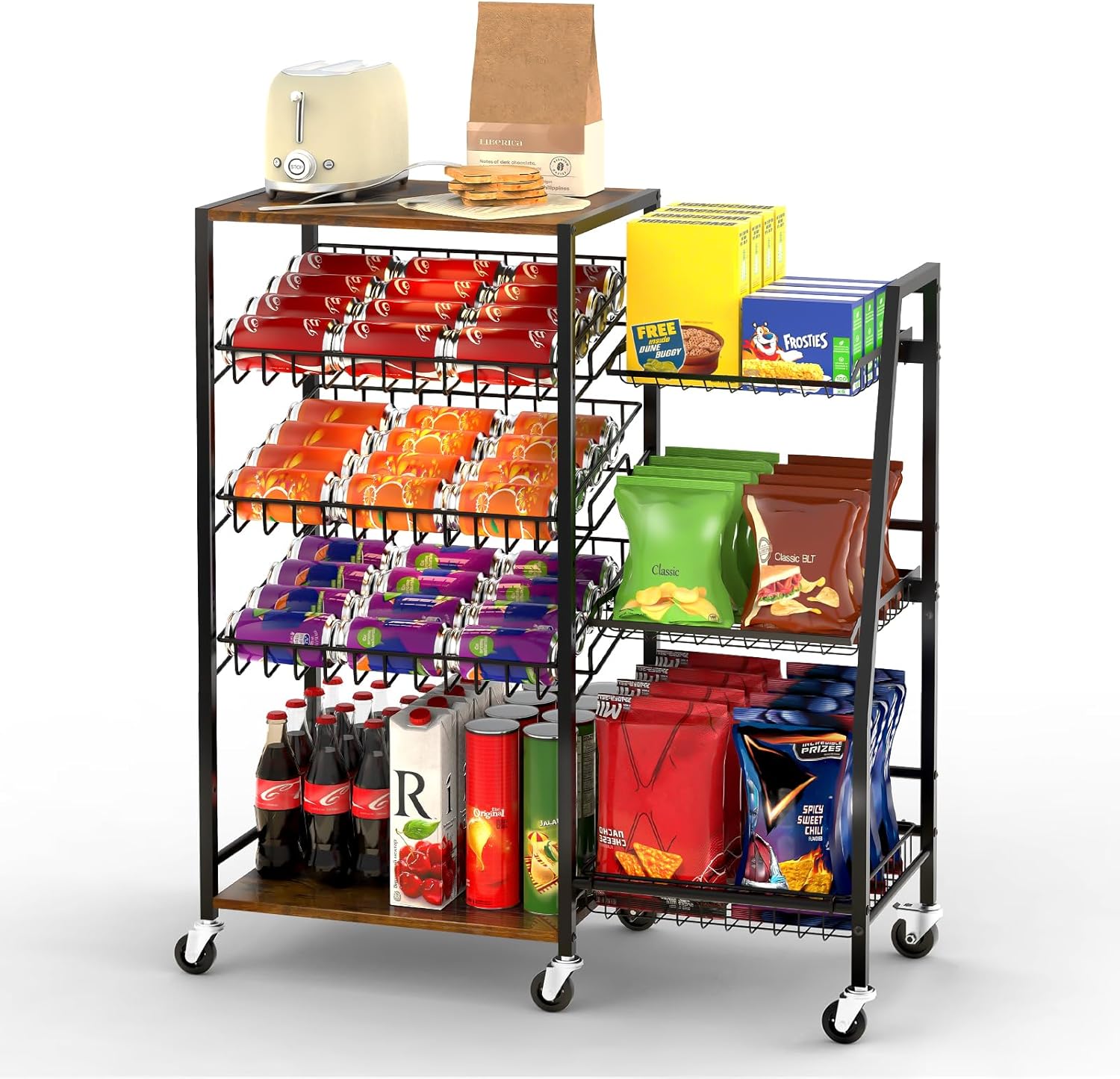 Pinzoveco 5-Tier Rolling Kitchen Storage Carts, Snack Cart with Wheels, Fruit Organizer（Fruit Basket Rolling Cart, Vegetable Holder for Kitchen, Holds Soda Drinks, Cans, Snacks, Onions, Potatoes
