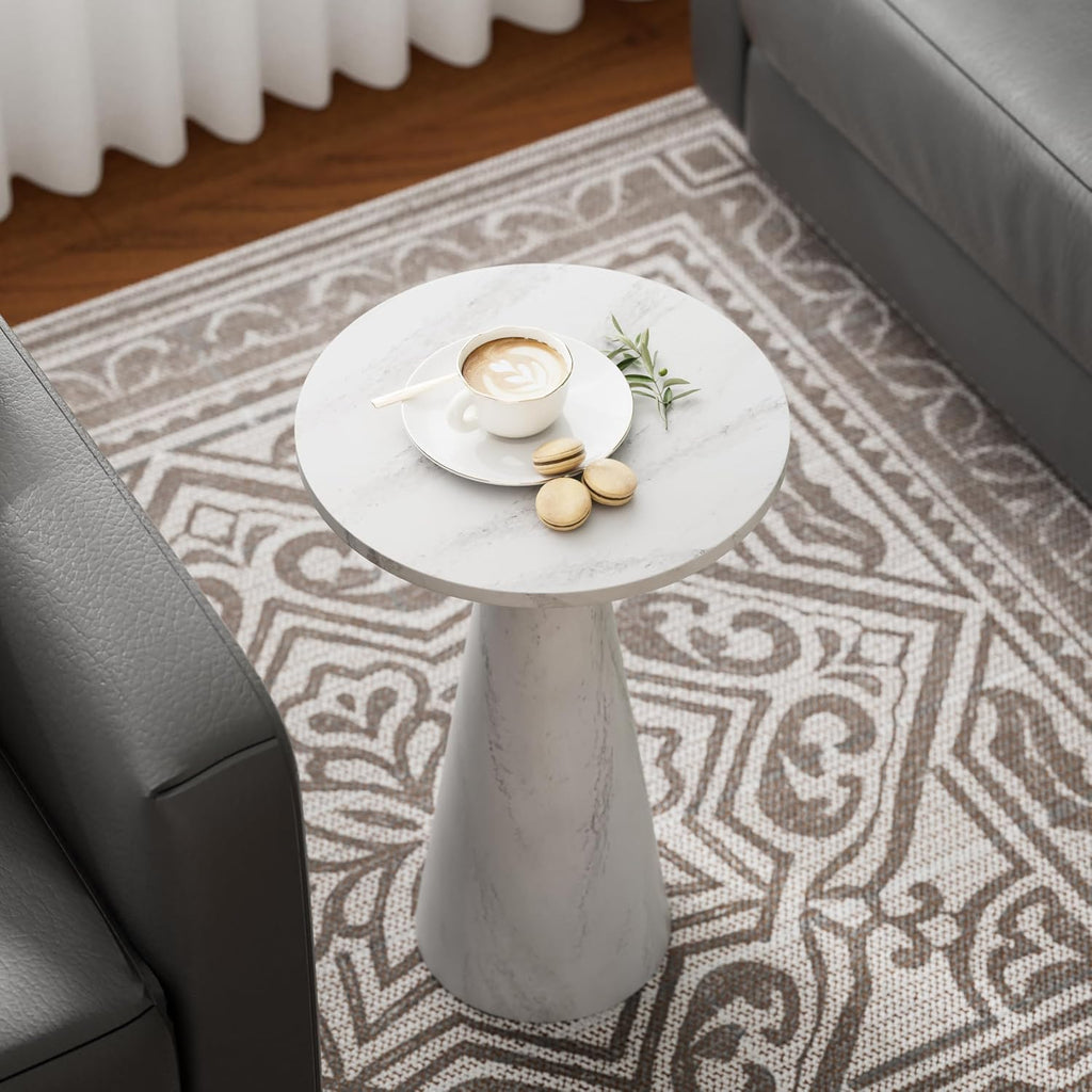COZAYH Modern Pedestal End Table Round Wood Martini Table, Plant Stand Drink Table for Small Spaces, White Marble Colour