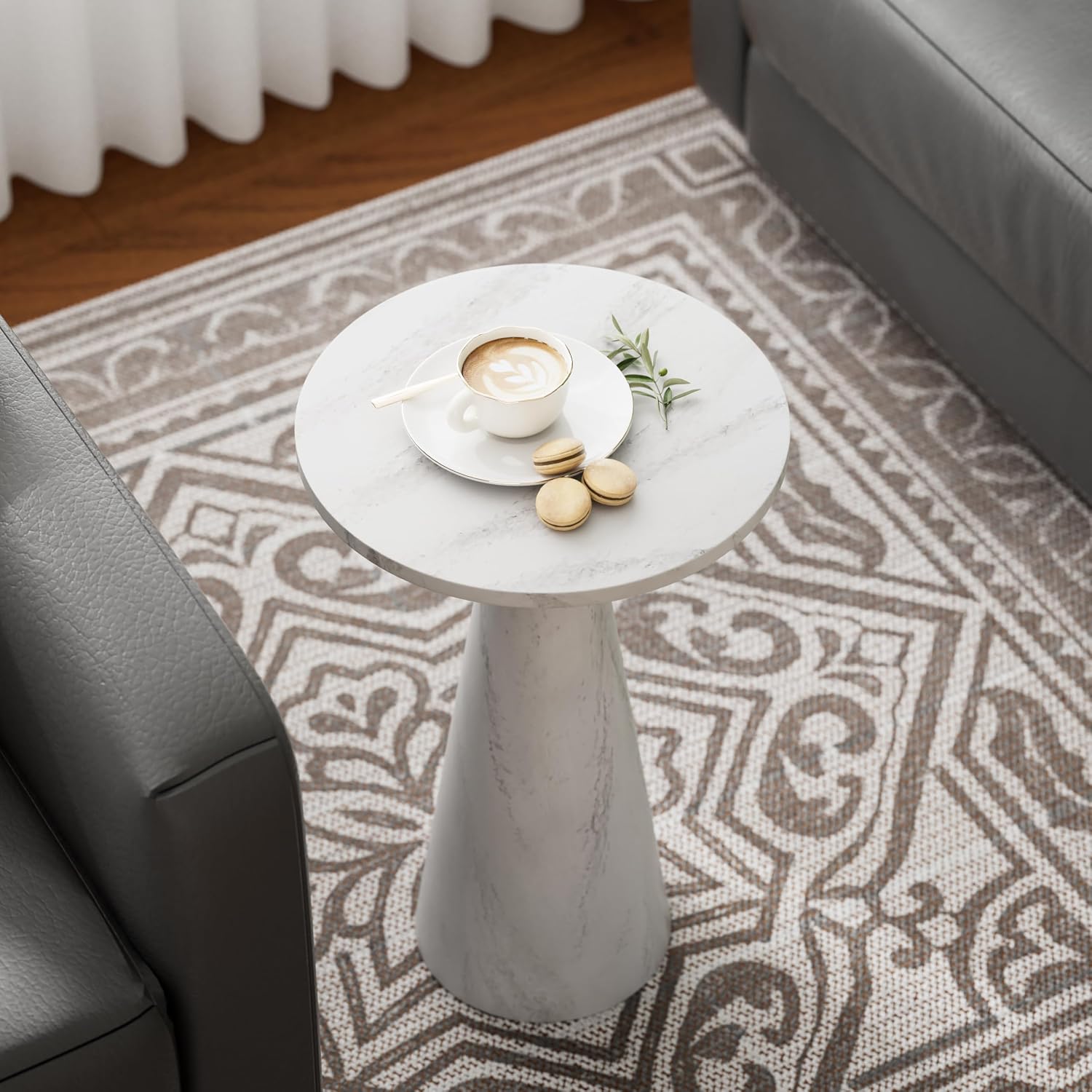 COZAYH Modern Pedestal End Table Round Wood Martini Table, Plant Stand Drink Table for Small Spaces, White Marble Colour