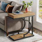 Tribesigns Narrow Side Table for Couch, C Shaped End Table with Metal Frame, Farmhouse Bedside Tables, Small Sofa Tables for Small Spaces, Living Room (1, Natural+Black)