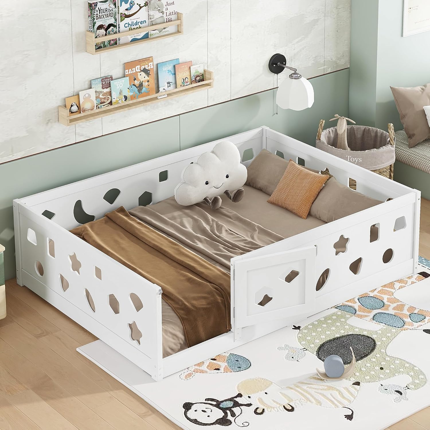 Full Size Floor Bed with Heightened Safety Guardrails and Door, Solid Wood Bede with Rails for Girls, Boys, Teens, Child Bedroom, Playroom, No Slats Included, White BS981