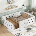 Full Size Floor Bed with Heightened Safety Guardrails and Door, Solid Wood Bede with Rails for Girls, Boys, Teens, Child Bedroom, Playroom, No Slats Included, White EC170