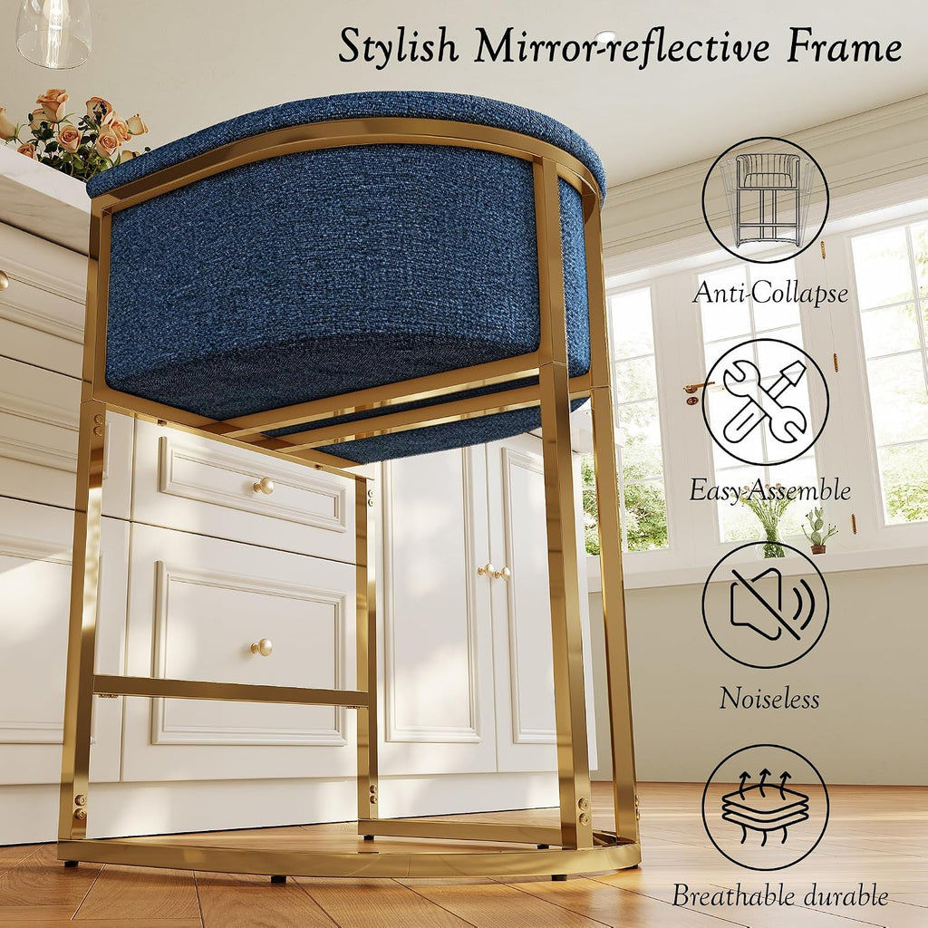 26" H Counter Height Bar Stools Set of 3, Modern Barrel Counter Stools with Backrest, Linen Upholstered Barstools for Kitchen Island, Gold Frame, Support 450 LBS (Blue)