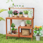 TANGZON Garden Potting Table, Solid Wood Potting Table with Trellis, Open Shelves, Teak Oil Finish, Gardening Workstation & Planting Work Table for Outdoor Patio Backyard Balcony