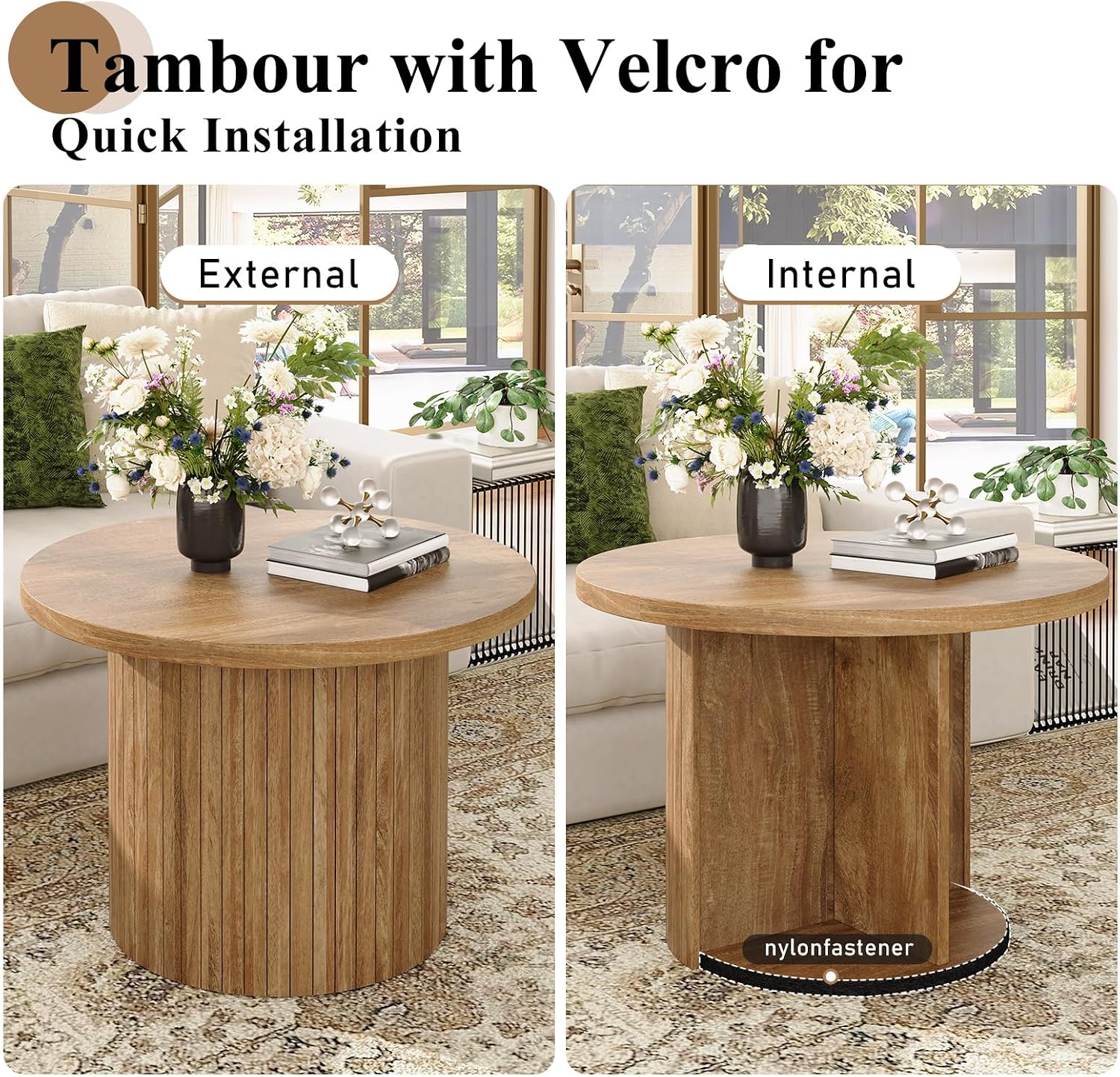 LUXOAK Nesting Coffee Table Set of 2, Mid Century Modern Round Coffee Table, Wood Slat Side Table Set for Living Room, Office, Balcony (Natural Oak)
