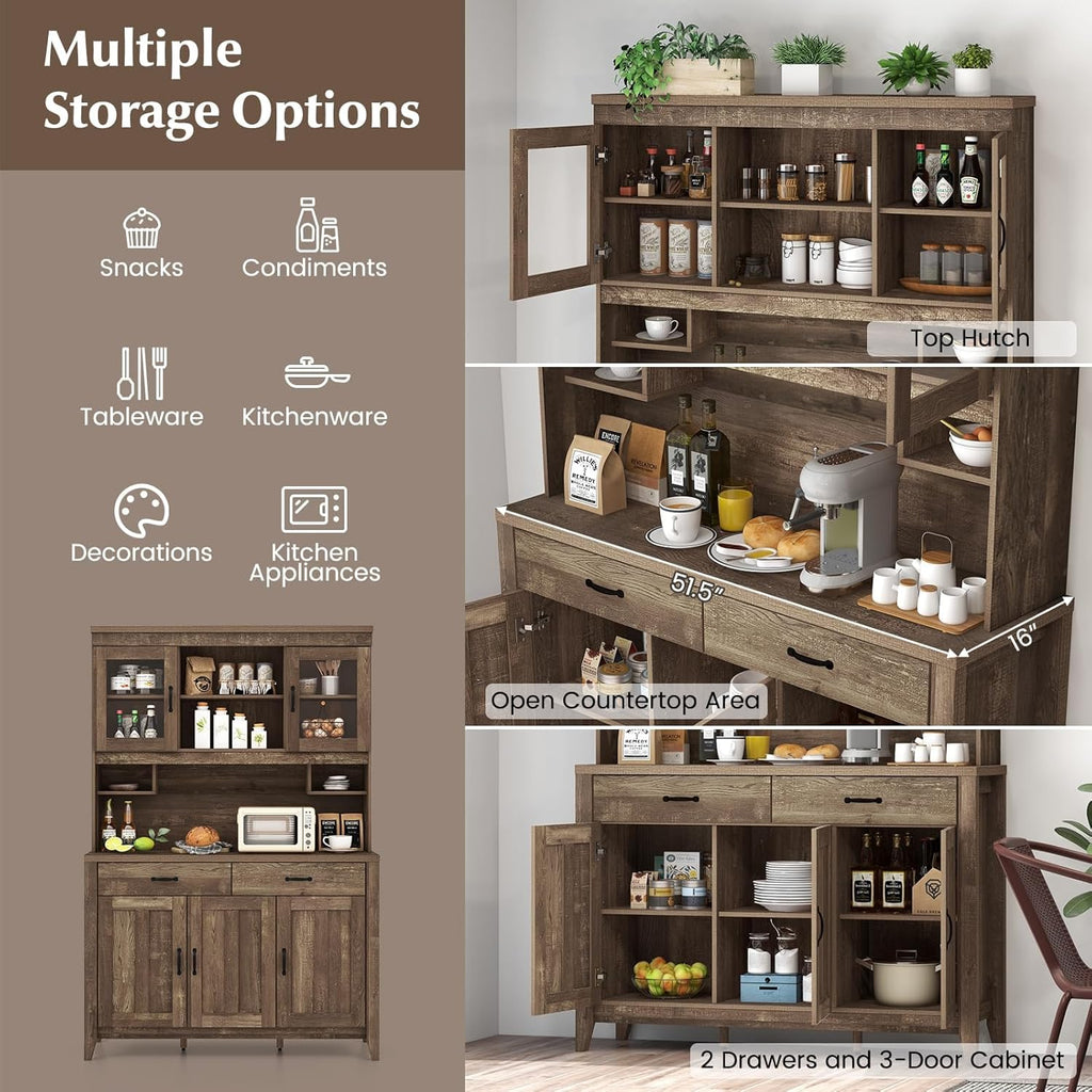 Byroce Kitchen Pantry Cabinet, Farmhouse 78.5” Tall Storage Cabinet w/Countertop, Adjustable Shelves & Drawers, Microwave Shelf w/Hutch, Wooden Buffet Sideboard w/Tempered Glass Doors, Rustic Brown