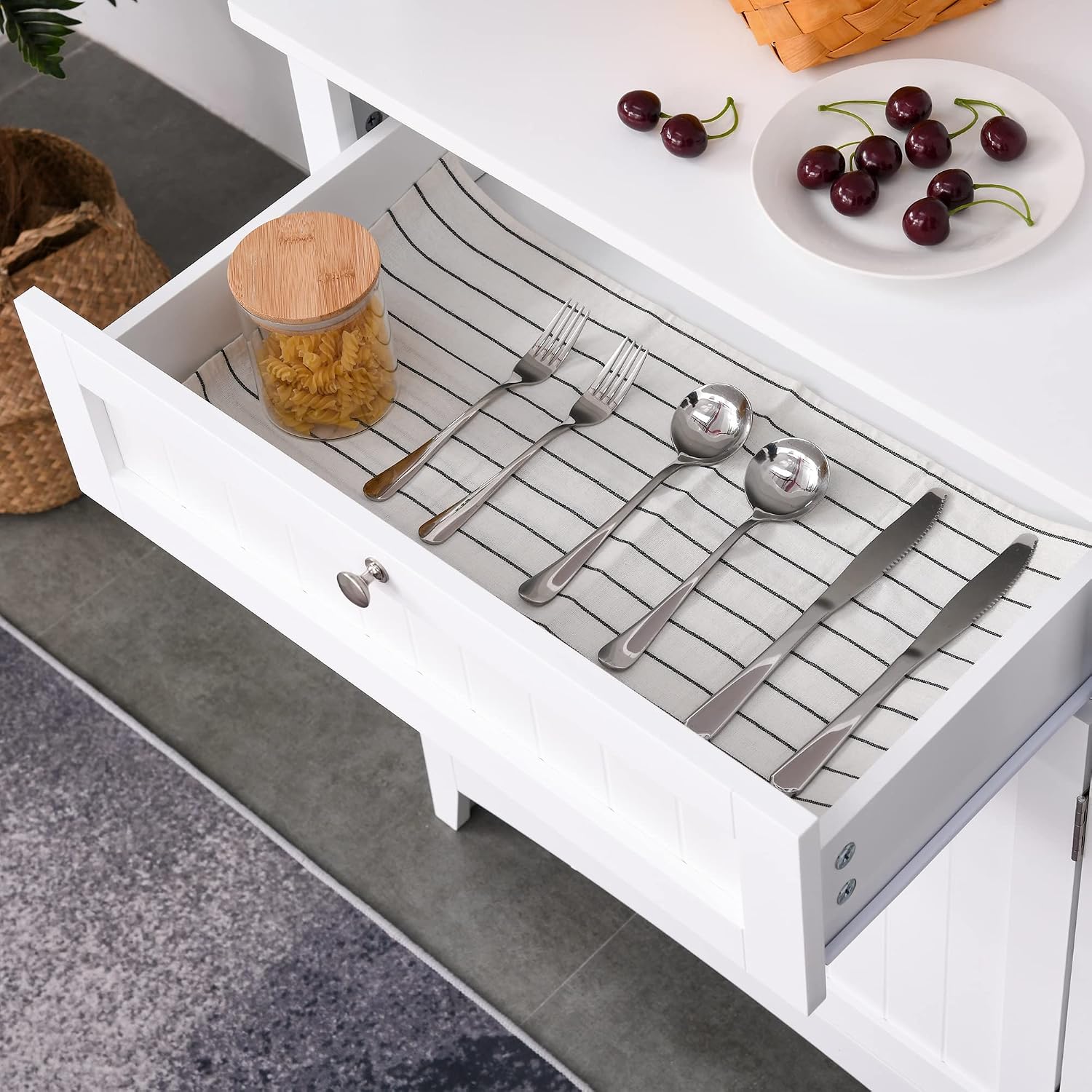 Elegant Buffet with Hutch, Kitchen Pantry Storage Cabinet with Framed Glass Door Drawer and Microwave Space, White,15.8 * 27 * 64.5