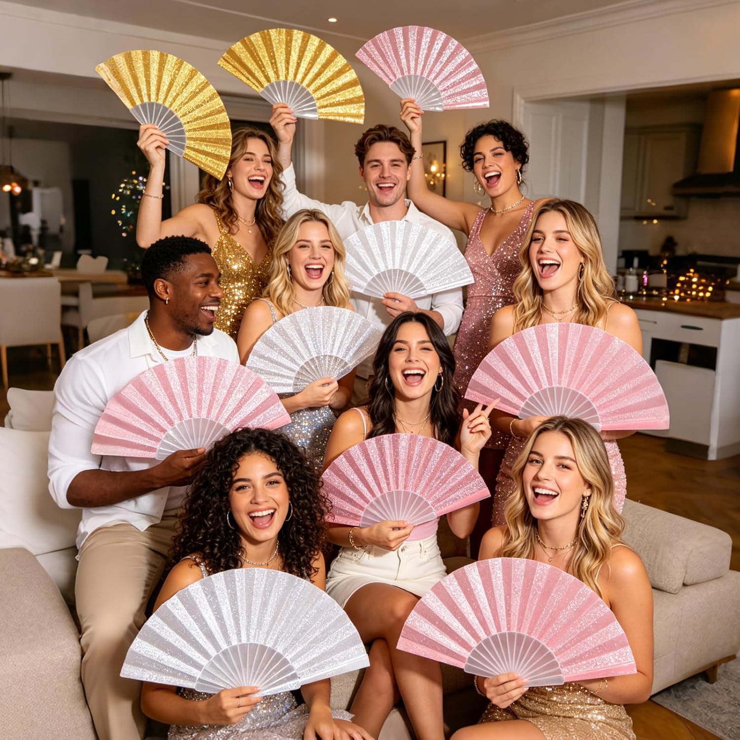 24 Pcs Folding Hand Fans for Dancing,Glitter Handheld Fans, Folding Fans Bulk, for Wedding, Festival, Dance, Tea Party, Club, EDM Decoration(Mixed Colors(Gold+Silver+Pink))